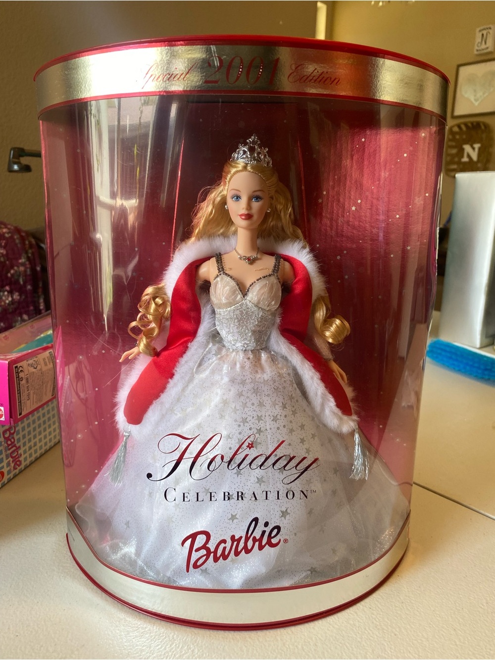 Vintage 2001 Barbie Holiday Celebration Collector Doll - White & Red
